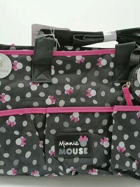 NWT Disney Baby Minnie Mouse Diaper Bag Tote 8-Pockets 4-Piece Set Black Pink